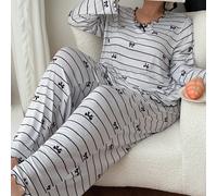 Set da 2 pezzi composto da top a maniche lunghe e pantaloni, in morbido seta di latte, con stampa a righe e fiocco, arricciatura sul bordo, collo tondo, taglie forti, casual e comodo, ideale come pigi