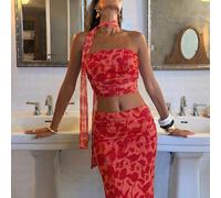 Set da 2 pezzi composto da top a tubo aderente in maglia e rete stampata e minigonna, adatto per la primavera/estate e le vacanze L,M,S,XL,XS,XXL,XXS,XXXL,XXXXLPianteTessuto in maglia