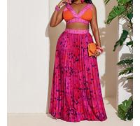 Set da 2 pezzi composto da top canottiera a scollo a V profondo in Tintura a nodi fucsia e gonna lunga a-line morbida in vita elastica, adatto per donna taglia curvy, per spiaggia, vacanza, elegante,