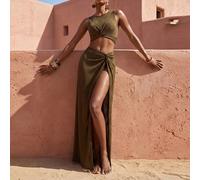 Set da 2 pezzi composto da top canottiera elegante con orlo unico in tono marrone e gonna lunga maxi con spacco alto, stile casual da spiaggia e vacanza, ultima 2026 L,M,S,XLColore unicoTessuto in mag