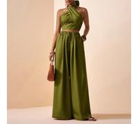 Set da 2 pezzi composto da top con collo a laccio e pantaloni ampi plissettati in lino marrone con texture, adatto per festival musicali, Pasqua, San Patrizio, San Valentino, appuntamenti, stile weste
