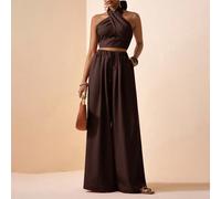 Set da 2 pezzi composto da top con collo ad aletta e pantaloni ampi plissettati in lino marrone, adatto per festival musicali, Pasqua, San Patrizio, San Valentino, appuntamenti, stile western, nomade,