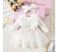 Set da 2 pezzi composto da vestito in rete con ricamo floreale tridimensionale e fiocco, e fascia per neonata e bambina, colore bianco con strisce, elegante e adatto per servizi fotografici all'aperto