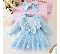 Set da 2 pezzi composto da vestito in rete con ricamo floreale tridimensionale e fiocco, e fascia per neonata, colore bianco con righe, elegante e adatto per servizi fotografici all'aperto in autunno 