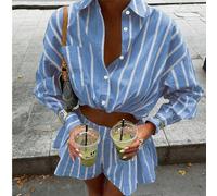 Set da 2 pezzi con camicia a maniche lunghe slim fit a righe colorblock con vita stretta e pantaloncini ampi plissettati, adatto per vacanze, festival, cena, stile old money, San Valentino, Capodanno,