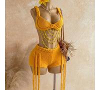 Set da 2 pezzi con canottiera sexy da vacanza, minigonna ultra corta a vita bassa con frange e catena intrecciata con perline & maglione, outfit per festival musicale, stile bohémien, per vacanze, app