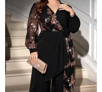 Set da 2 pezzi con maniche a lanterna, patchwork in rete luccicante e avvolgente, taglie comode 0XL,1XL,2XL,3XL,4XLTessuto intrecciato