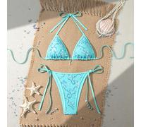 Set da 2 pezzi, con tessuto luccicante e strutturato, decorazioni a farfalla e perle, reggiseno a triangolo con collo a canottiera e slip con lacci laterali, costume da bagno sexy per donne, primavera
