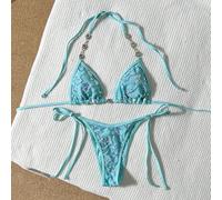 Set da 2 pezzi, con tessuto luccicante e strutturato, spalline, decorazione centrale con paillettes blu e perle finte, reggiseno a triangolo e slip con laccetti laterali, costume da bagno sexy per don
