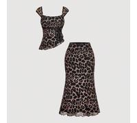 Set da 2 pezzi con top in rete e gonna, con fiocco e stampa leopardata, adatto per l'autunno, stile francese, relax in terrazza, glamour, elegante autunno, nuovo stile donna, old money, classico, set 