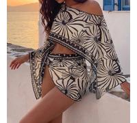Set da 2 pezzi copricostume a maniche lunghe con stampa floreale nera & bianca, beige, estate, boho, gita in barca, vacanza donna resort vacanza bikini outfit spiaggia L,M,S,XL,XSPianteTessuto