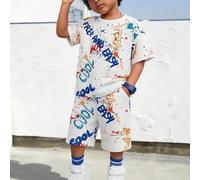 Set da 2 pezzi corti da ragazzo con motivo grafico graffiti maglietta a maniche corte e pantaloncini elastici in vita casual estate quotidiana