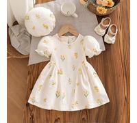 Set da 2 pezzi da bambina per l'estate, composto da un vestito beige con stampa floreale a margherite e un basco, con fiocco giallo, adatto per uso quotidiano e uscite 6-9M,9-12M,12-18M,18-24M,2-3YFru