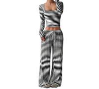 Set da 2 pezzi da donna a righe con scollo quadrato top a tunica corta pantaloni a gamba larga, set da salotto in due pezzi a maglia, Nero , XL