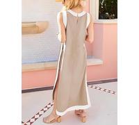 Set da 2 pezzi da donna, abito lungo senza maniche in stile boho color block, pantaloncini abbinati, abiti lunghi senza maniche in stile bohémien con tasche(Khaki,M)