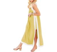 Set da 2 pezzi da donna, abito lungo senza maniche in stile boho color block, pantaloncini abbinati, abiti lunghi senza maniche in stile bohémien con tasche(Yellow,S)