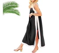 Set da 2 pezzi da donna, abito lungo senza maniche in stile boho color block, pantaloncini abbinati, abiti lunghi senza maniche in stile bohémien con tasche(Black,M)
