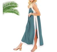Set da 2 pezzi da donna, abito lungo senza maniche in stile boho color block, pantaloncini abbinati, abiti lunghi senza maniche in stile bohémien con tasche(Peacock Green,M)