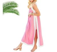 Set da 2 pezzi da donna, abito lungo senza maniche in stile boho color block, pantaloncini abbinati, abiti lunghi senza maniche in stile bohémien con tasche(Pink,M)