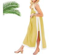 Set da 2 pezzi da donna, abito lungo senza maniche in stile boho color block, pantaloncini abbinati, abiti lunghi senza maniche in stile bohémien con tasche(Yellow,M)