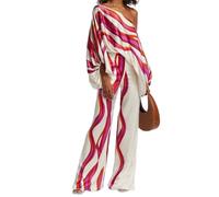 Set da 2 pezzi da donna casual con spalle scoperte e pantaloni lunghi 2023 tuta da pendolarismo primaverile abiti larghi con stampa, Rosso rosato, L