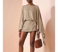 Set da 2 pezzi da donna composto da blusa a maniche lunghe marrone larga ed elegante per l'autunno/inverno 2025 + minigonna, adatto per viaggi, pendolarismo, vacanze, stile old money, shopping, banche