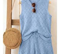 Set da 2 pezzi da donna composto da un gilet lavorato a maglia ampio e pantaloncini corti traforati, in stile europeo e americano, adatto per vacanze al mare e uso casual, design bohémien retrò alla m