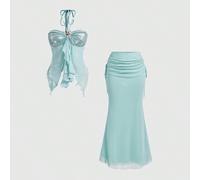 Set da 2 pezzi da donna composto da un top a fascia e una gonna a sirena con decorazione a conchiglia, stile vacanza estiva sexy L,M,S,XS,XXSColore unicoTessuto in tulle