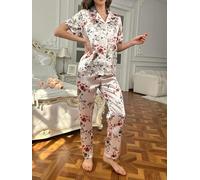 Set da 2 pezzi da donna con colletto stampato, top a maniche lunghe e pantaloni, abbigliamento per la casa, morbido al tatto, abbigliamento quotidiano, per interni casual