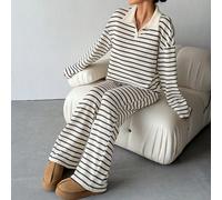 Set da 2 pezzi da donna con maglietta a maniche lunghe scollo a V a righe nere e bianche & pantaloni con vita elastica, abbigliamento casual da casa autunnale, completo maglione invernale, vestiti aut