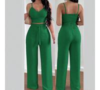 Set da 2 pezzi da donna, con top a canottiera regolabile con fiocco e pantaloni a gamba dritta, adatto per la villeggiatura L,M,S,XL,XSColore unico,stampa dappertuttoTessuto intrecciato