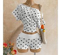 Set da 2 pezzi da donna con top a collo asimmetrico in pizzo a contrasto e stampa a pois e pantaloncini L,M,S,XSGeometrico,stampa dappertutto,Motivo strutturatoTessuto in maglia