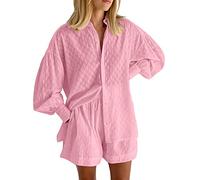 Set da 2 pezzi, da donna, elegante, casual, tinta unita, per il tempo libero, camicia e pantaloncini, può essere indossato all'aperto, a maniche lunghe, con coulisse, set da 2 pezzi, Colore: rosa., S