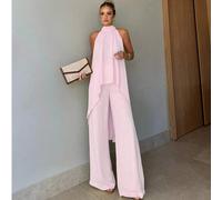 Set da 2 pezzi da donna, elegante, colore tinta unita, parte anteriore corta e parte posteriore lunga, top con nodo alla gola e pantaloni lunghi, adatto per feste, vacanze, strada e appuntamenti in pr