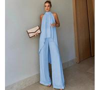 Set da 2 pezzi da donna, elegante, colore unito, parte anteriore corta e parte posteriore lunga, top con nodo alla gola e pantaloni lunghi, adatto per feste, vacanze, strada e appuntamenti in primaver