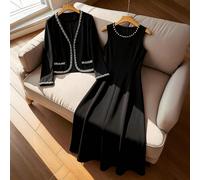 Set da 2 pezzi da donna elegante, composto da un cardigan con maniche lunghe e bordo in perle a contrasto nero e un abito lungo con collo rotondo e decorazioni in perle, adatto per l'autunno/inverno L