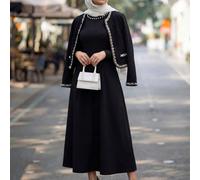 Set da 2 pezzi da donna elegante, composto da un cardigan con maniche lunghe e bordo in perle a contrasto nero e un abito lungo con collo rotondo e decorazioni in perle, adatto per l'autunno/inverno L