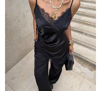 Set da 2 pezzi da donna elegante in raso nero con pizzo asimmetrico, canotta e pantaloni, sexy chic per club, estate, lussuoso, festa, ballo e loungewear L,M,S,XLColore unicoTessuto intrecciato