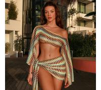 Set da 2 pezzi da donna estivo boho bianco con grafica, per spiaggia e vacanze, multicolore a contrasto, in maglia traforata, canotta corta e minigonna all'uncinetto L,M,S,XL,XSGeometrico,stampa dappe