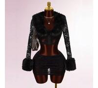 Set da 2 pezzi da donna in pizzo e pelliccia sintetica, minigonna sexy e avanguardistica a vita ultra bassa con lati increspati, polsini in pelliccia sintetica, aderente con chiusura a bottone, adatto