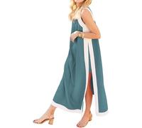 Set da 2 pezzi da donna, maxi abito senza maniche, stile bohémien, con pantaloncini coordinati, abiti lunghi oversize larghi con spacco laterale e tasche, Blu pavone, M
