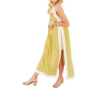 Set da 2 pezzi da donna, maxi abito senza maniche, stile bohémien, con pantaloncini coordinati, abiti lunghi oversize larghi con spacco laterale e tasche, Giallo, XL