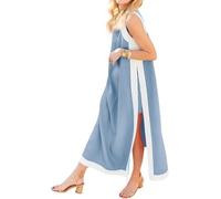 Set da 2 pezzi da donna, maxi abito senza maniche, stile bohémien, con pantaloncini coordinati, abiti lunghi oversize larghi con spacco laterale e tasche, Azzurro, S