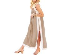 Set da 2 pezzi da donna, maxi abito senza maniche, stile bohémien, con pantaloncini coordinati, abiti lunghi oversize larghi con spacco laterale e tasche, cachi, S