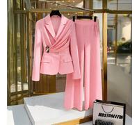 Set da 2 pezzi da donna, pantaloni eleganti a vita alta con pieghe e design con bottoni decorativi, elegante e adatto per l'ufficio, colore giallo, ultima primavera L,M,S,XLColore unicoTessuto