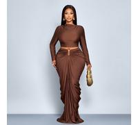 Set da 2 pezzi da donna per autunno e inverno, taglia grande, colore unito, elegante e casual, semplice, con mezza maglia a collo alto, maglietta a maniche lunghe corta e gonna a pieghe a bozzolo avvo