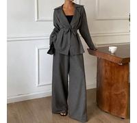 Set da 2 pezzi da donna per il pendolarismo, composto da trench grigio autunnale ampio con cintura in vita e pantaloni lunghi a gamba dritta e ampia, stile business casual da ufficio L,M,SColore unico