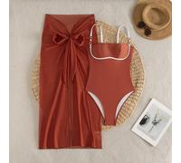 Set da 2 pezzi da donna per l'estate, composto da costume intero con spalline sottili, decorazione con catena di perle schiena scoperta, taglio alto, colore unito, sexy, e gonna lunga avvolgente per l