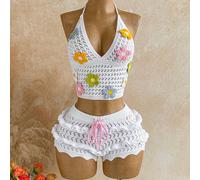 Set da 2 pezzi da donna per vacanze con top all'uncinetto carino con fiori e laccio al collo + mini shorts a vita bassa con orlo arricciato, spiaggia, crociera, viaggio on the road, vacanza in città,