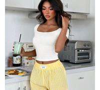 Set da 2 pezzi da donna stile American Hot Girl con top a maniche corte e scollo quadrato e pantaloni pigiama a righe L,M,S,XLBlocchi di colore,A strisceTessuto in maglia,Tessuto intrecciato